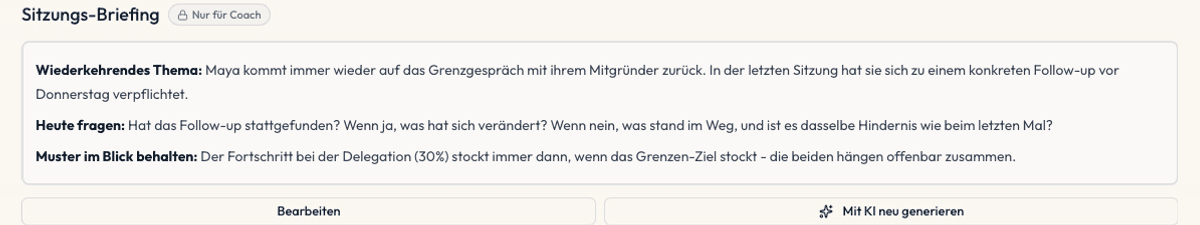 Ein Sitzungsbriefing: wiederkehrendes Thema, was der Klient sich vorgenommen hat, und eine vorgeschlagene Einstiegsfrage
